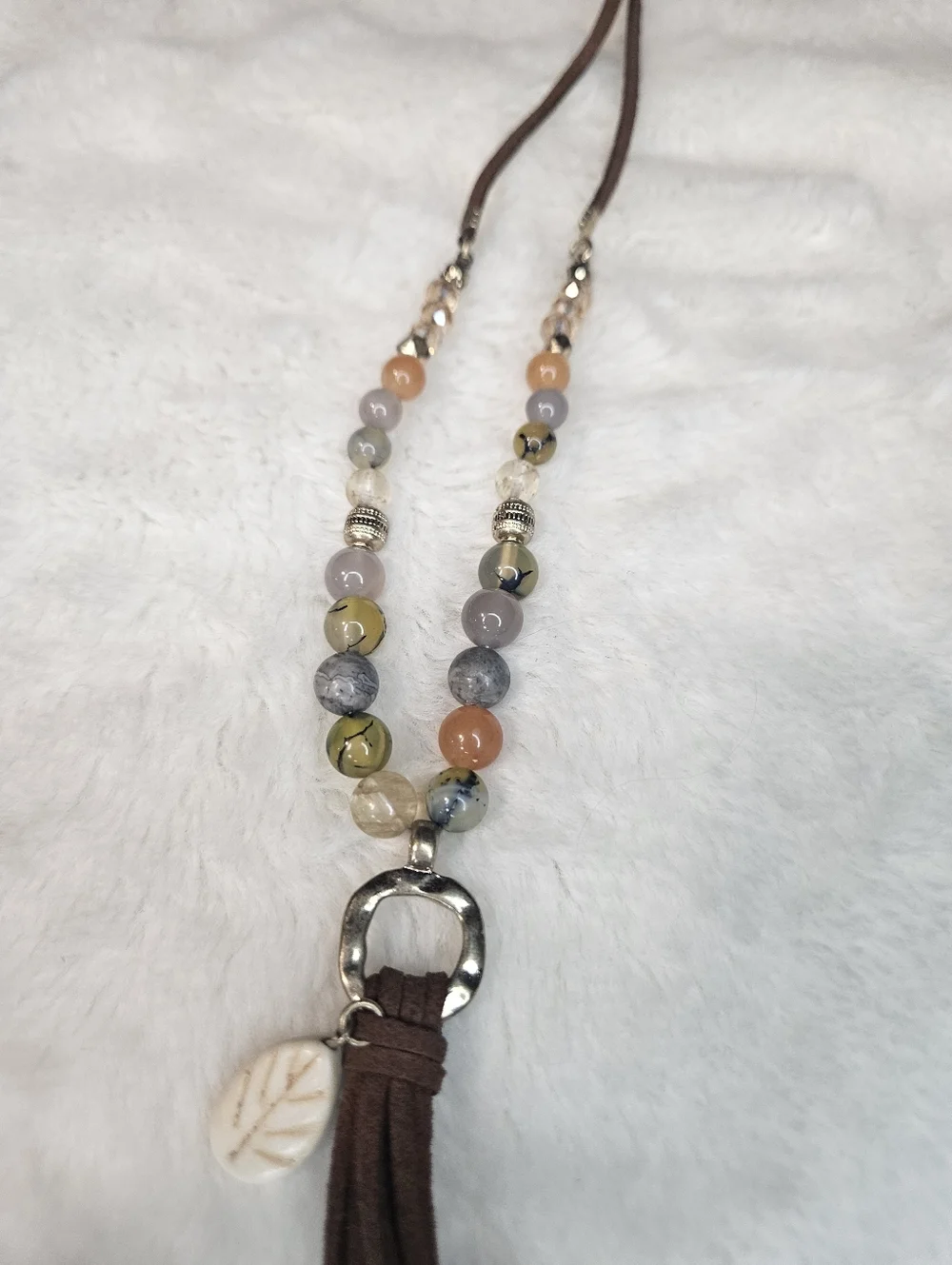 Brown Suede Tassel Necklace with Multicolor Beads - Picture 3 of 3